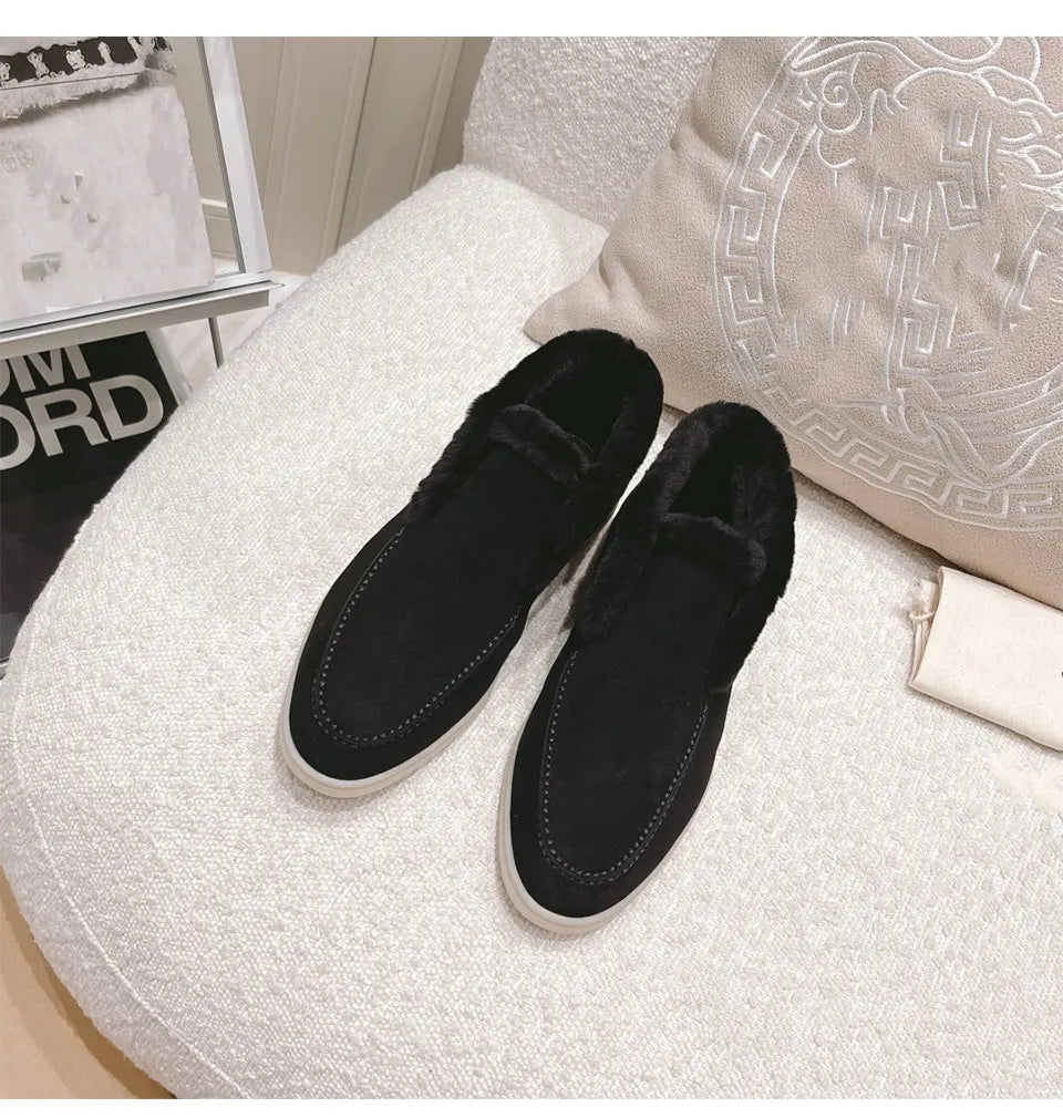 Women's Ankle Boots Black Boots Cow Suede Natural Fur Winter Boots Loafers Women's Slip-On Snow Boots