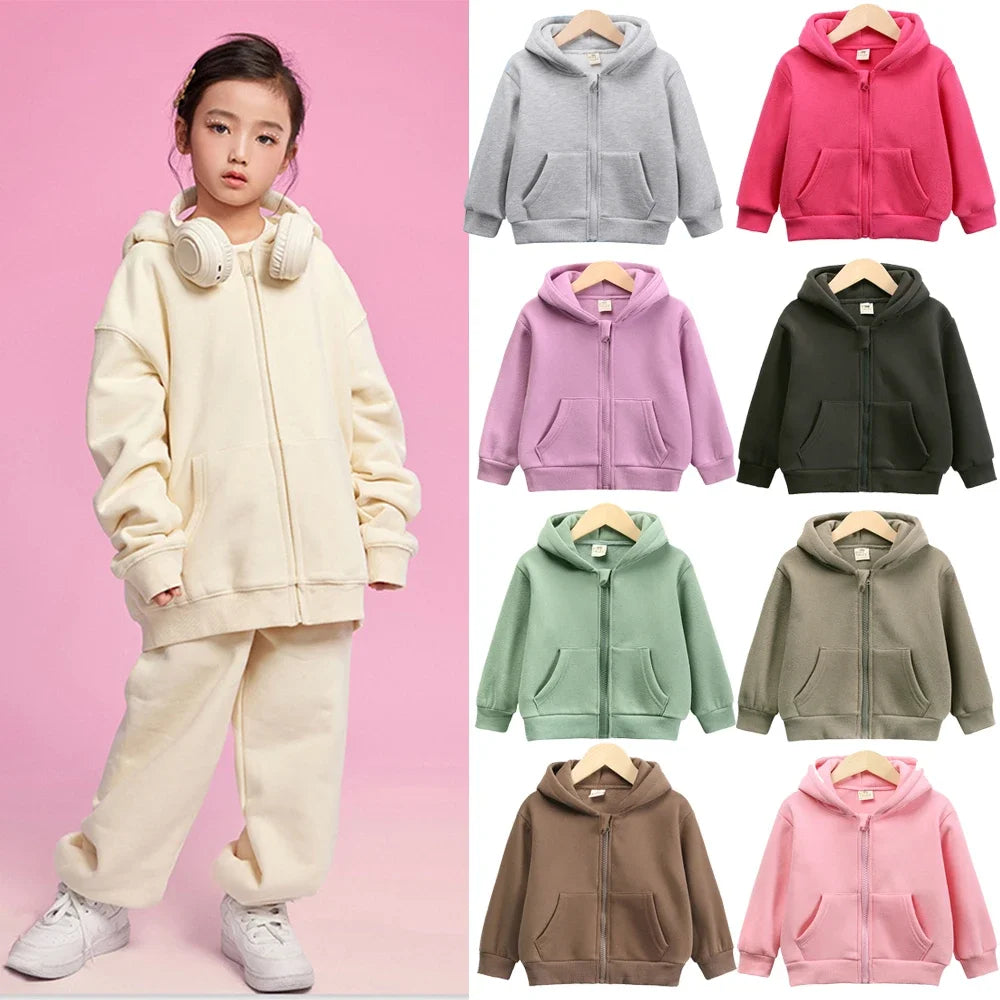 2025 Kids Hooded Fleece Sweatshirt Clothes Solid Cotton Thick Outdoor Top Boys Girl Sports Coat Children Korean Casual Jacket