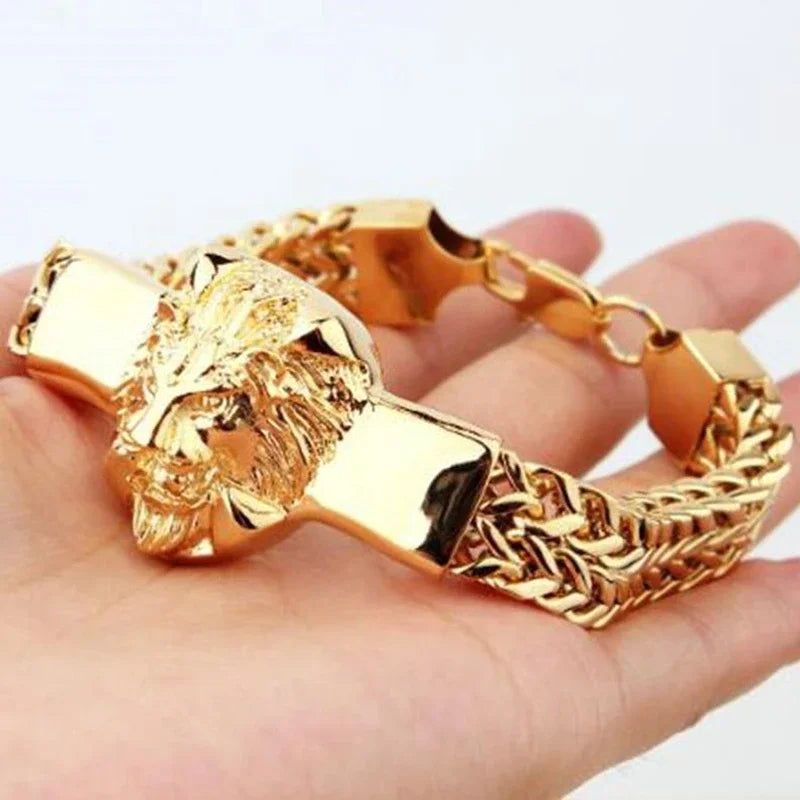 Fashion Gold Color Lion King Stainless Steel Braided Chain Bracelet Domineering Men\\'s Rock Wristband Alloy Lion Head Jewelry