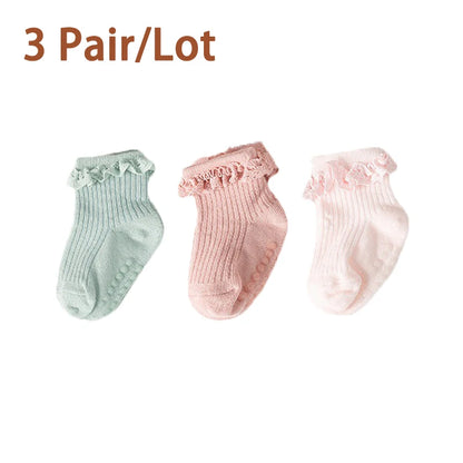 3/5Pair/Lot New Baby Children's Non-slip Autumn Winter Cotton Socks Solid Color Baby Foot Socks Girls Breathable Ruffled Socks