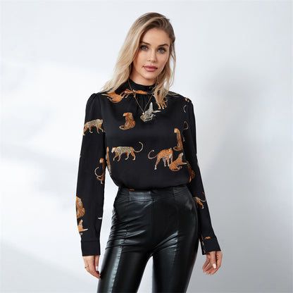 wsevypp Women's Spring Autumn Blouses Retro Leopard Print Long Sleeve Mock Neck Pullover Tops OL Business Basic Shirts