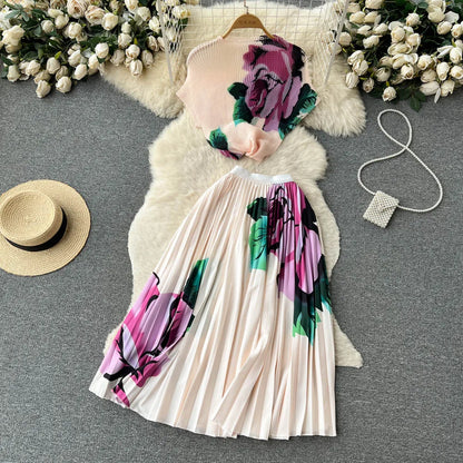 New Summer Runway Pleats Floral Print Two Piece Set Women Half High Collar Stretch Top+Elastic Waist Long Pleated Skirt Outfits