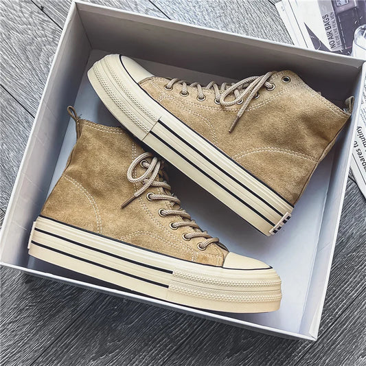 Vintage Brown Couples Casual Sneakers Comfort Suede Thick Sole Men's Shoes Trend Lace-up High Top Shoes Mens Vulcanized Sneakers