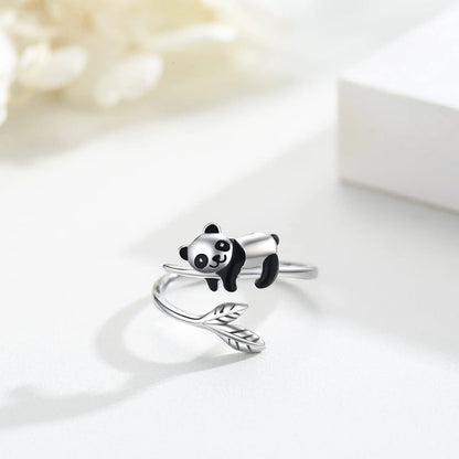 2New Harong Creative New Trend Lifelike Cute Panda Bamboo Ring Animal Open Rings for Girl Women Men Party Jewelry Gift