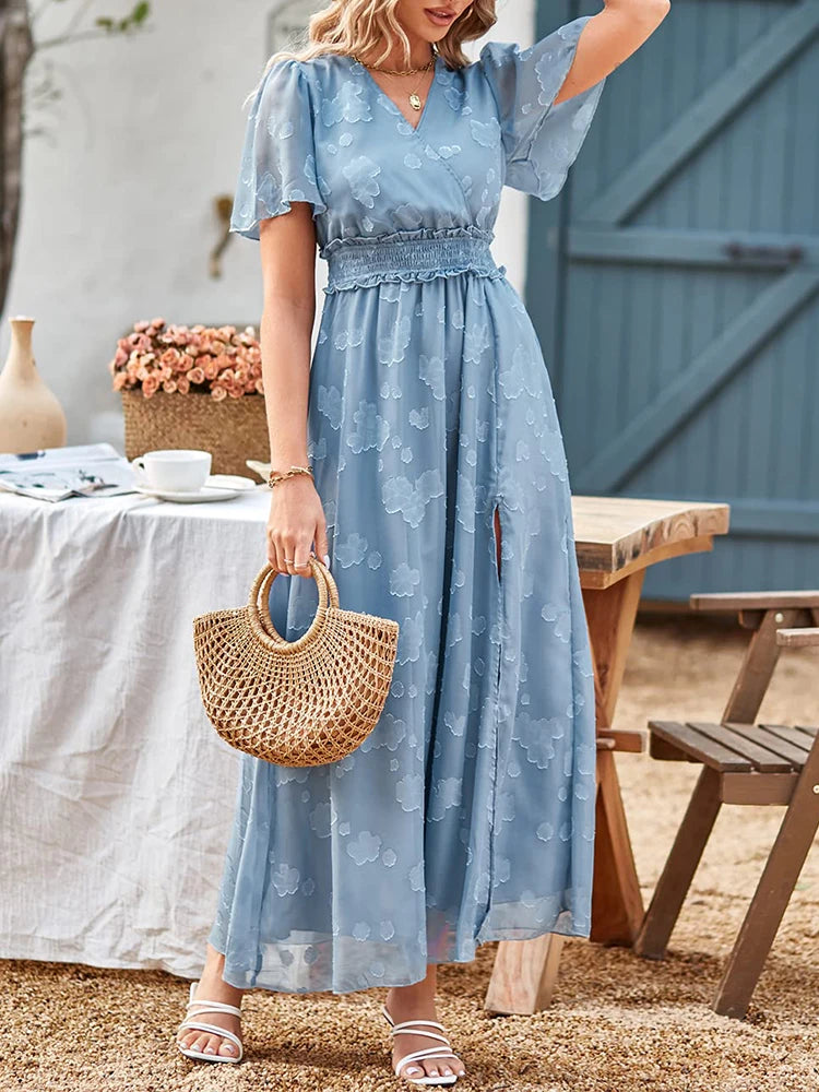 Maxi Dress Casual Summer V Neck Puff Sleeve High Waist Lace Up Dress Elegant Flowy Dress Sleeveless for Women  Thigh Slit Crosso