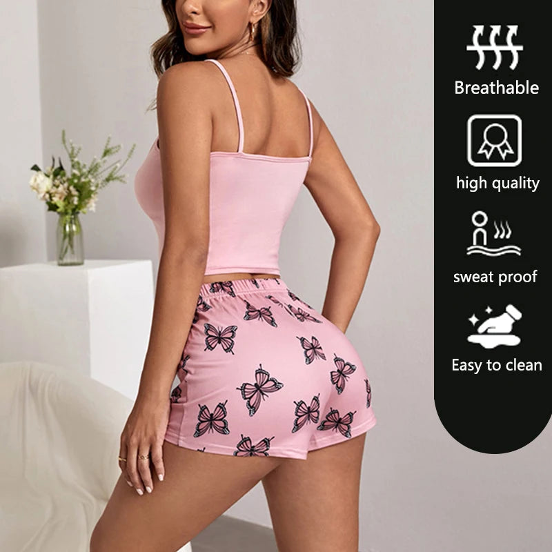 Two-Piece Set Camisole Tops Shorts Loungewear Women Pajamas Soft Print Butterfly Sweet Wind Suspenders Sleepwear Outside Sexy