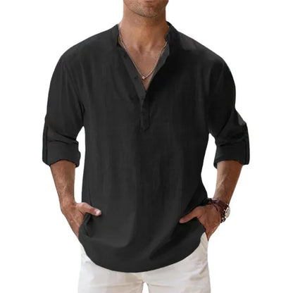 New Men's Linen Long Sleeve T-Shirts Breathable Shirt Solid Color Casual Basic Cotton Linen Shirt Tops