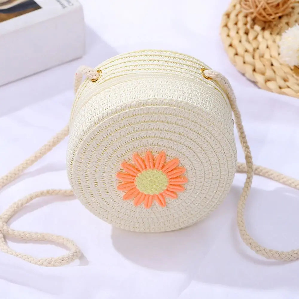 Round Straw Bag Women Woven Crossbody Beach Bag for Ladies Cute Rattan Handmade Knitted Shoulder Bag Candy Color Small Handbag