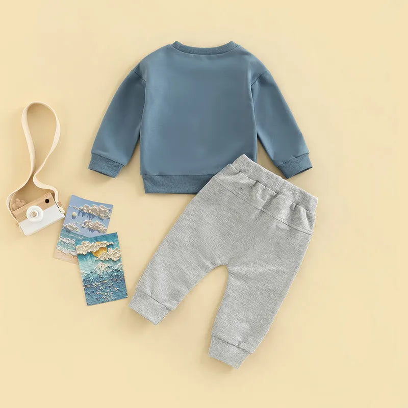 Newborn Baby Boy Pant Sets Autumn Clothes Letter Round Neck Long Sleeve Tops and Tie-Up Long Pants Baby Items Clothing Infant