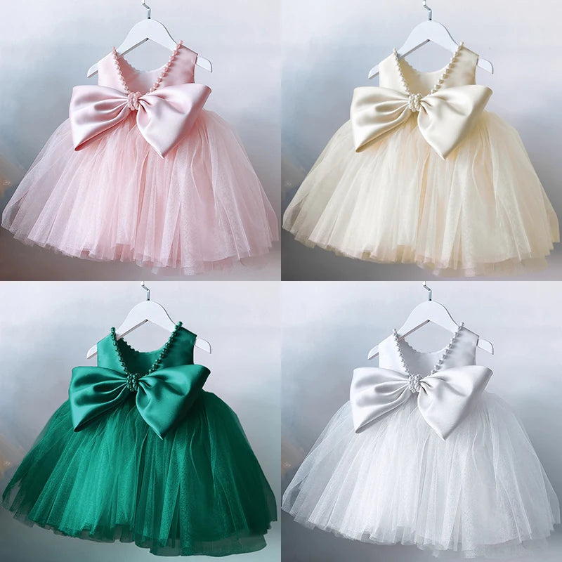 Toddler Kids Big Bow Princess Dresses V-Back Infant 1st Birthday Baptism Party Tutu Gown Cute Baby Girls Clothes Summer Dresses