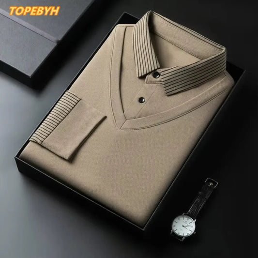 2025 Two Fake Collar Mens Daily Casual Tee Long Sleeve Sweatershirt  Pullover Tops Lapel Polo Tee