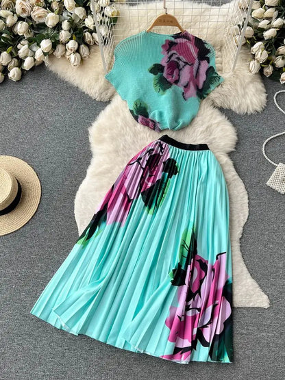 New Summer Runway Pleats Floral Print Two Piece Set Women Half High Collar Stretch Top+Elastic Waist Long Pleated Skirt Outfits