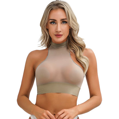 Womens Glossy Crop Tops Mock Neck Sleeveless Sheer See-Through Slim Fit Vest Tops for Swimwear Pool Party Clubwear Nightwear