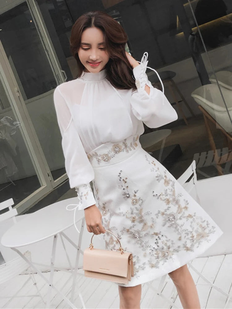 TWOTWINSTYLE Embroidery Two Piece Sets For Women Stand Collar Lantern Sleeve Shirt High Waist A Line Skirt Vintage Set Female