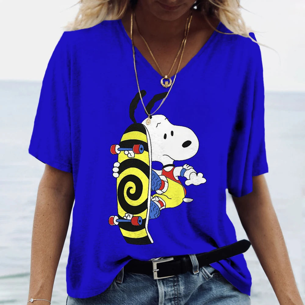 Women's T-shirts Disney Snoopy 3D print New V-neck Short Sleeve Summer Casual Women's Clothing Harajuku Y2K Hip Hop Clothe