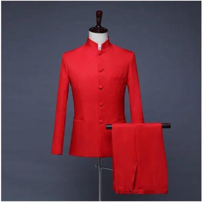 New Men Pure Colour Business Formal Wedding Banquet Suit 2 Piece Red / White Male Chinese Style Standing Collar Blazer Trousers