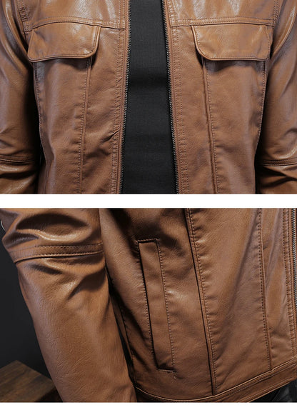 Men's Jacket Spring and Autumn Handsome Solid Color Collar Motorcycle Leather Coat Slim Fashion Leather Jacket M-5XL