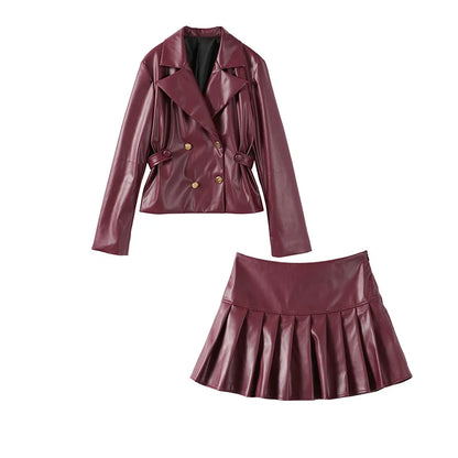 PU Leather Coat Pleated Mini Skirt Sets Women Lapel Double Breasted Long Sleeve Coats High Waist Skirts Set 2024 Lady Suits