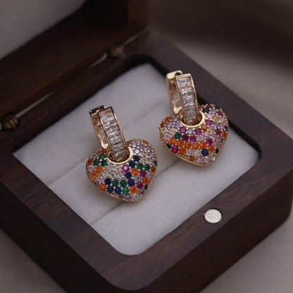 South Korea new design fashion jewelry 14K gold plated color zircon love pendant earrings luxury women's party accessories