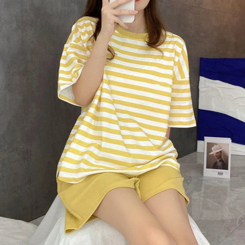 Women Summer Two Pieces Sets Pajamas O-neck Short Sleeve Shorts Pant Homewear With Chest Pad Thin Loose Striped Big Size Cute