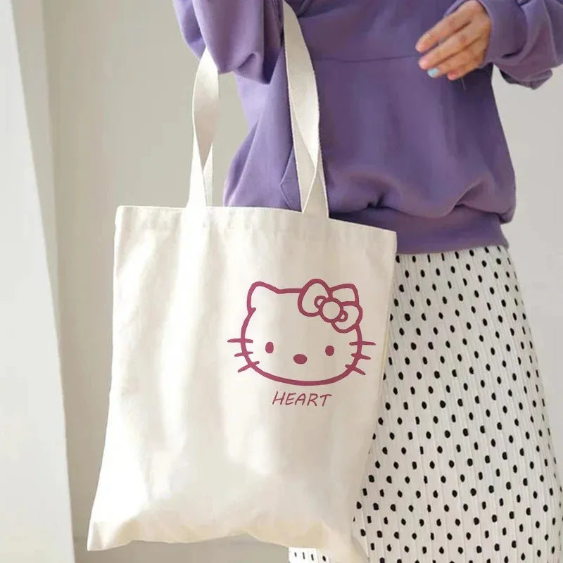 Hello Kitty Canvas Tote Bag Harajuku Y2k 90s Cartoon Girl Handbag Large Capacity Female Shoulder Bags Portable Travel Purse Gift