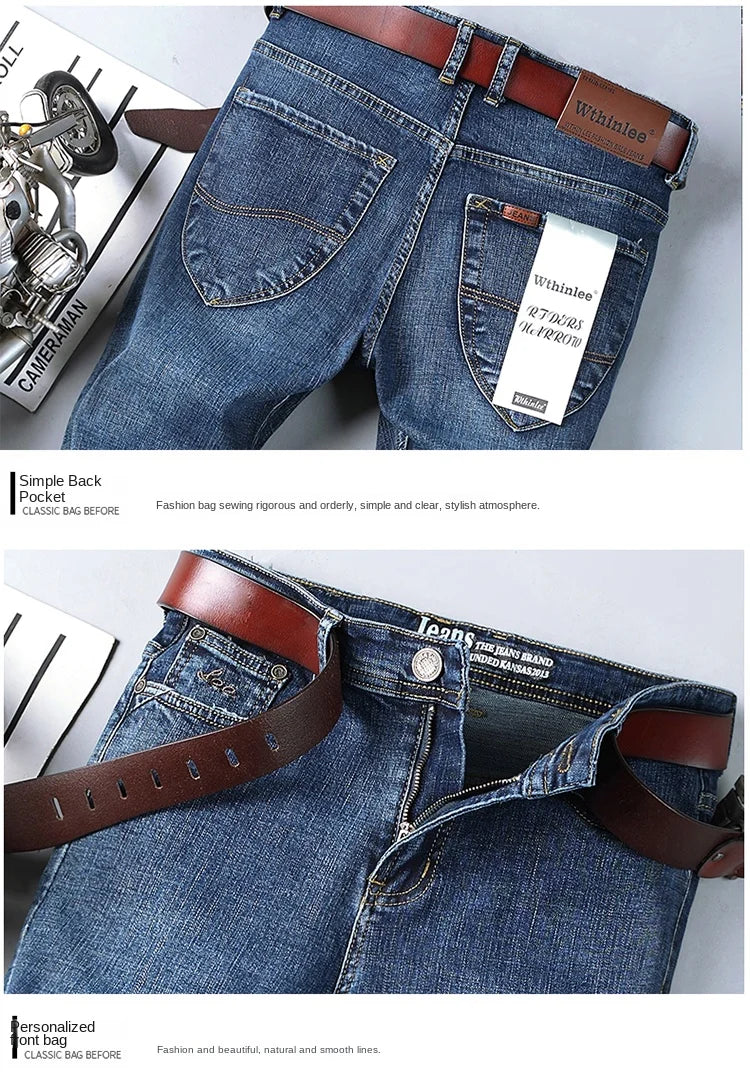 Top Brand Washed Jeans Trousers Four Season Men's High Quality Jeans Business Casual High Waist Denim Pants