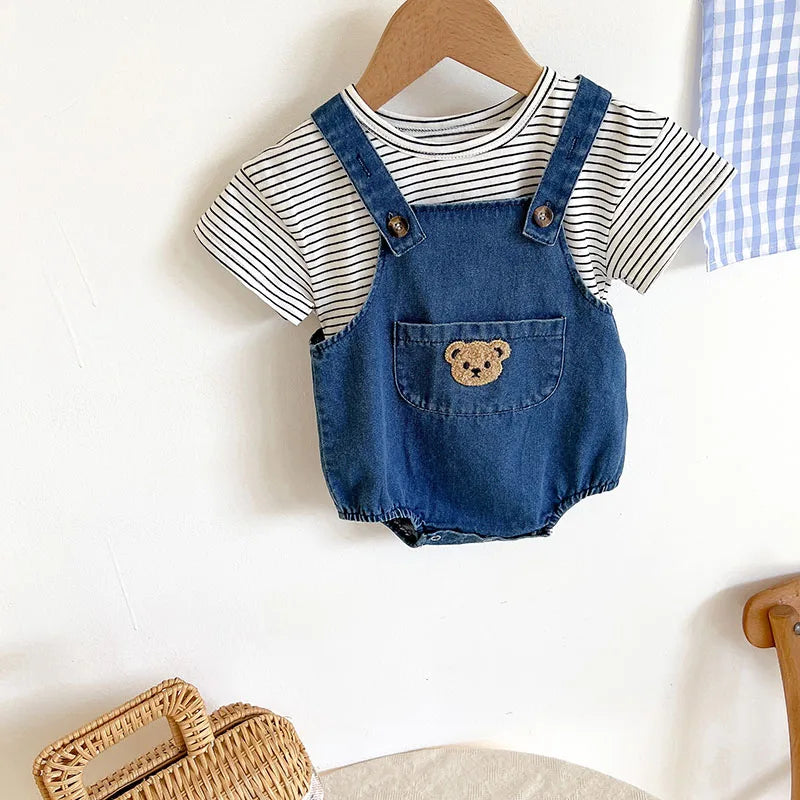 2024 Summer Baby Clothing Set Newborn Girls Striped T-shirt and Denim Bodysuits 2Pcs Boys Cool Suits