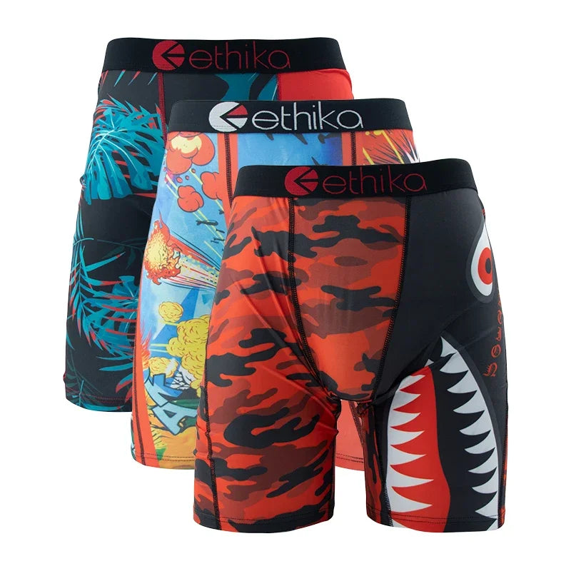 3Pcs ETHIKA Fashion Sexy Men Underwear Boxers Shark Print Man Underpants Sports Panties Lingeries Boxer Briefs Trunks Plus Size