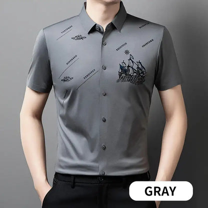 Men's Business Short Sleeves Button Down Shirt Printed High Elastic And Non Ironing Shirt High Level Business Casual Shirt