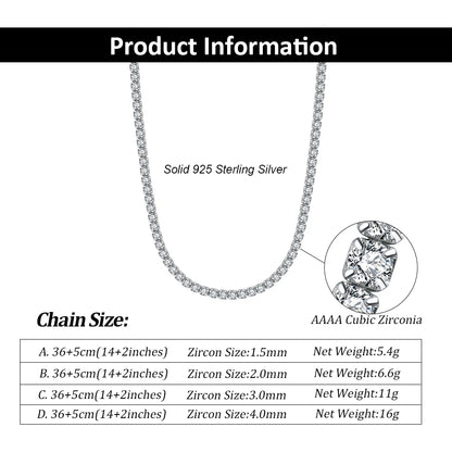 ORSA JEWELS 2mm 3mm 4mm 5mm Full Tennis Necklace Genuine 925 Sterling Silver 8A Clear CZ Cubic Zirconia Neck Chain Lobster Clasp