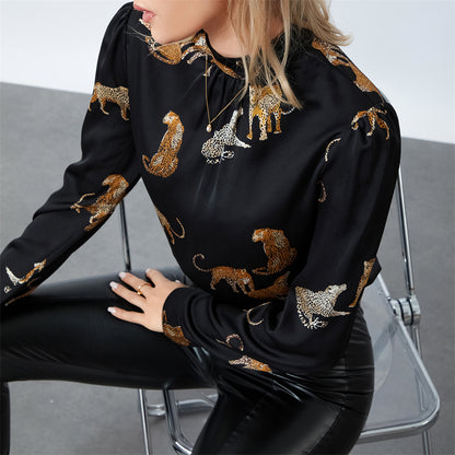 wsevypp Women's Spring Autumn Blouses Retro Leopard Print Long Sleeve Mock Neck Pullover Tops OL Business Basic Shirts