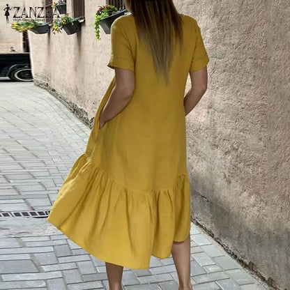 ZANZEA Women Cotton Dresses 2024 Summer Elegant Mid-calf Vestidos Casual Solid Color Short Sleeve Sundress Female O Neck Robe