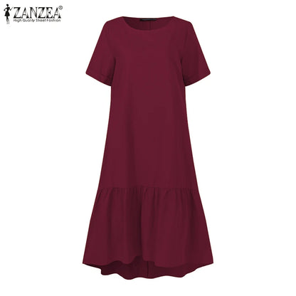 ZANZEA Women Cotton Dresses 2024 Summer Elegant Mid-calf Vestidos Casual Solid Color Short Sleeve Sundress Female O Neck Robe