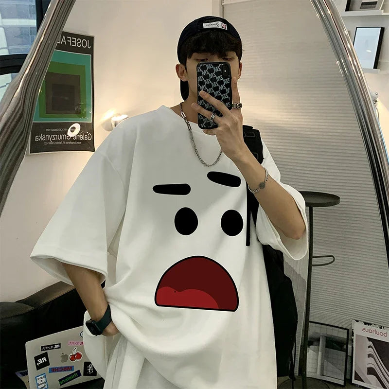 Men's Cotton Oversized T-shirts 5XL Mens T Shirt Casual Summer Wear Emote Fashion Print White Tee Shirts for Men Clothing