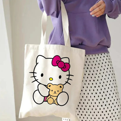 Hello Kitty Canvas Tote Bag Harajuku Y2k 90s Cartoon Girl Handbag Large Capacity Female Shoulder Bags Portable Travel Purse Gift