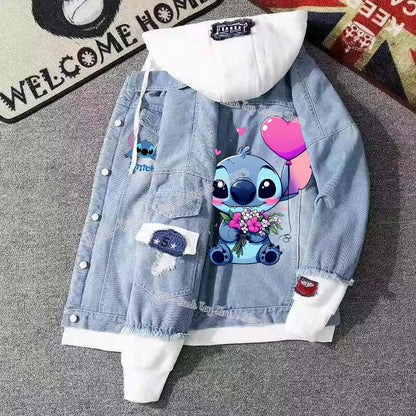 Lilo&stitch Hip Hop Men's Hooded Jean Jackets Women Outerwear Autumn Winter Coat Men Patchwork Denim Jacket Streetwear Clothes