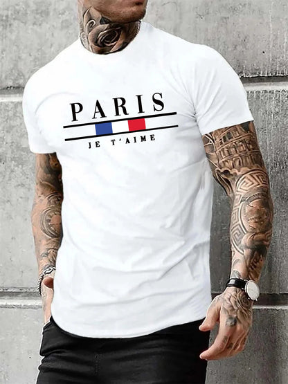 Men's 100% pure cotton summer loose size PARIS letter pattern print casual comfortable round neck short sleeved T-shirt top