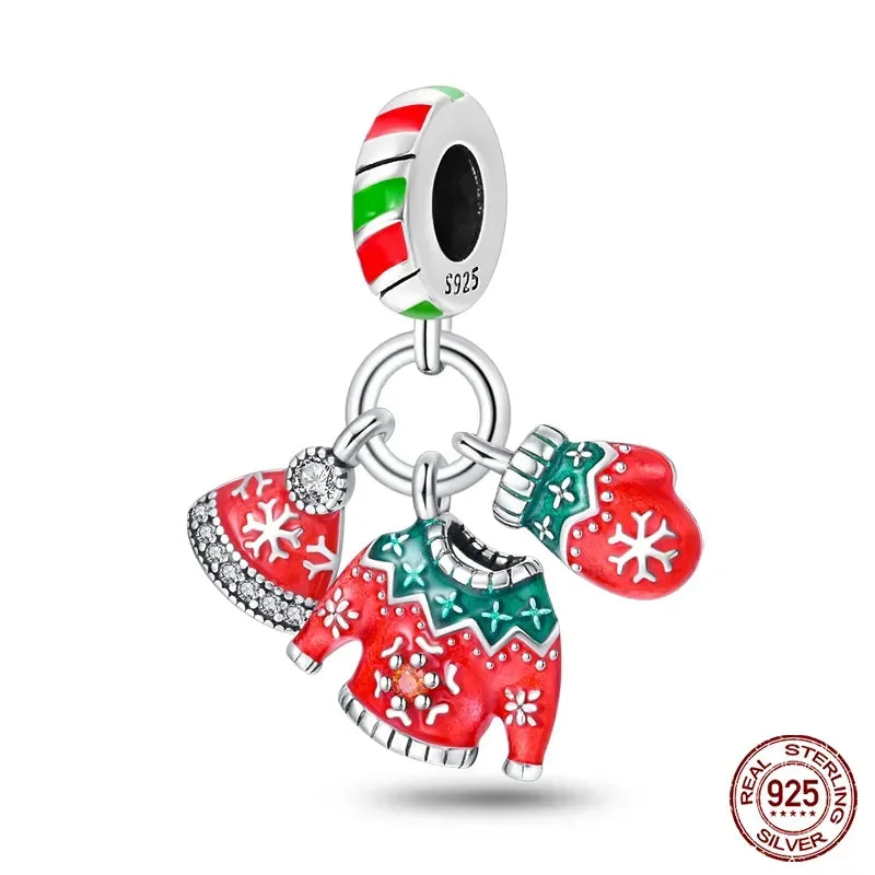 925 Silver Christmas Series Sock Snowman Elk Bell Pendant Fit Original Bracelet Charm Beads Necklace DIY Female Jewelry