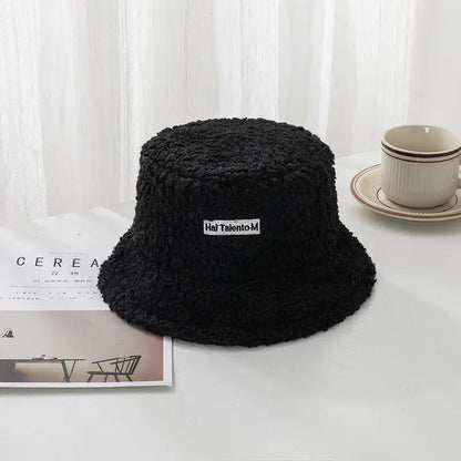 Winter Girl Boy Bucket Hat Cute Lamb Wool Letter Kids Fisherman Hat Solid Flat Top Hats Children Outdoor Thick Warm Sun Cap