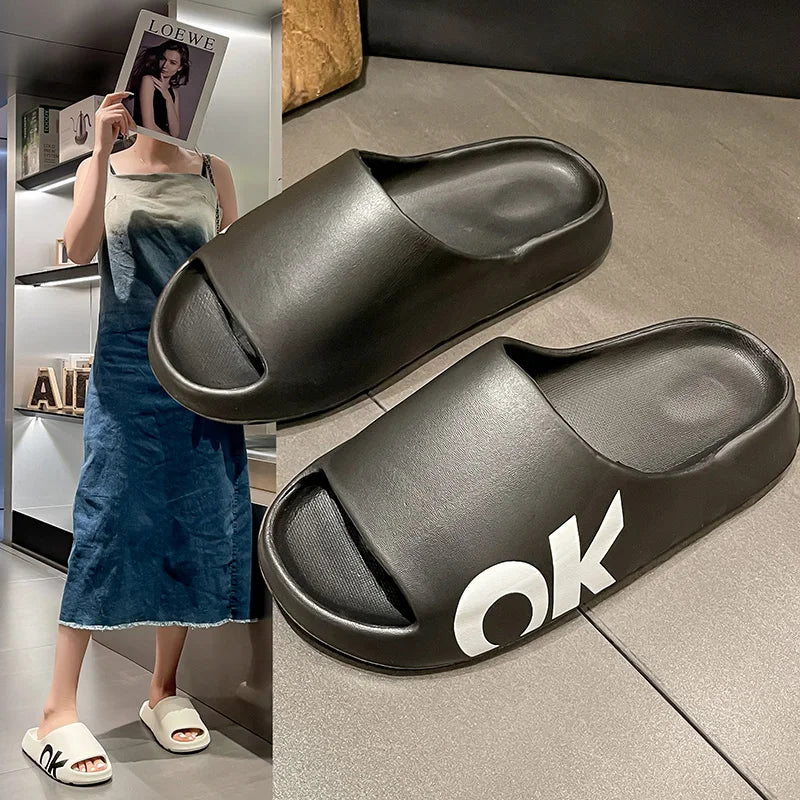 Soft Thick Soled Slippers Women's Summer Fashion Wear Slippers Home Home Sandals Men's Beach Shoes Print OK