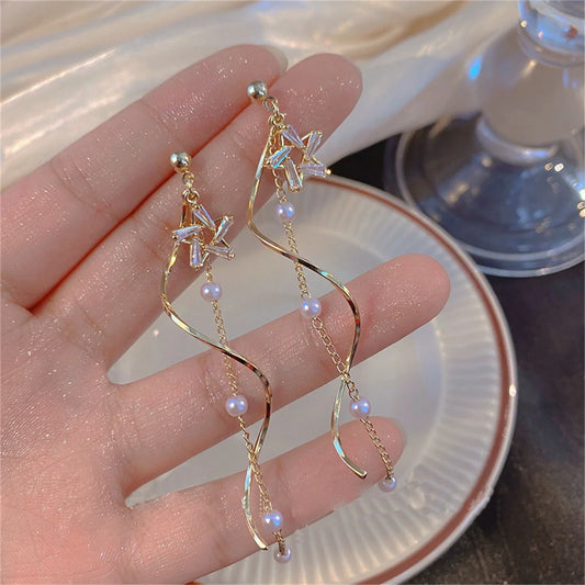 Fashion Exquisite Shining Zircon Star Drop Earrings For Women Gold Color Spiral Long Tassel Pearl Chain Earrings Wedding Jewelry