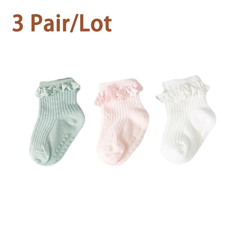 3/5Pair/Lot New Baby Children's Non-slip Autumn Winter Cotton Socks Solid Color Baby Foot Socks Girls Breathable Ruffled Socks