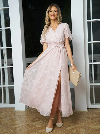 Maxi Dress Casual Summer V Neck Puff Sleeve High Waist Lace Up Dress Elegant Flowy Dress Sleeveless for Women  Thigh Slit Crosso