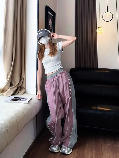 Oversize Pockets Tech Fashion Trousers Y2K Women Cargo Pants Vintage Streetwear Baggy Wide Leg Sweatpants Casual Drawstring