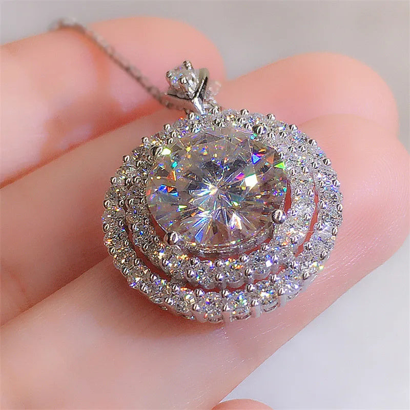 925 Sterling Silver Gorgeous Bridal Wedding Necklace AAA Cubic Zirconia Round Pendant Elegant Women Accessories Fashion Jewelry