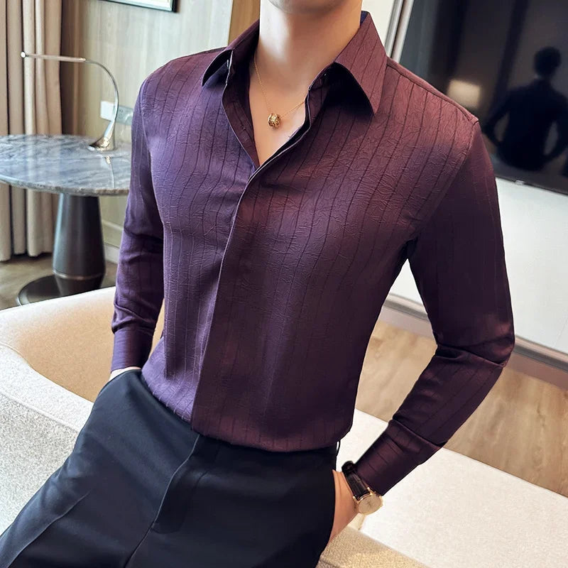 Luxury Korean Pleated Stripe Shirts For Men's High Quality Long Sleeve Slim Fit Casual Shirt Formal Social Party Tuxedo 4XL-M