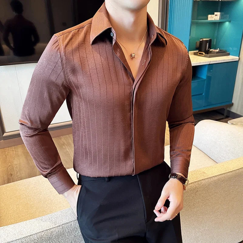 Luxury Korean Pleated Stripe Shirts For Men's High Quality Long Sleeve Slim Fit Casual Shirt Formal Social Party Tuxedo 4XL-M