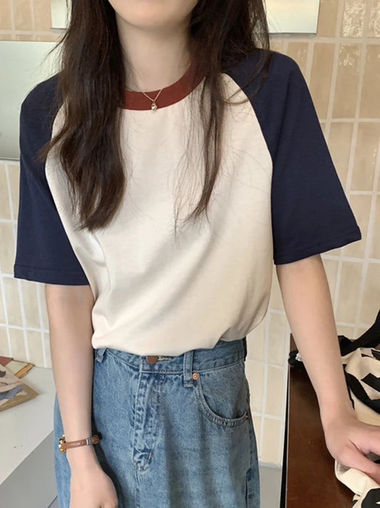 AOSSVIAO Summer Tops for Women Tshirt Turn Down Collar Short Sleeve Beige Blue Chic Y2k Fashion Patchwork 2025 T Shirts