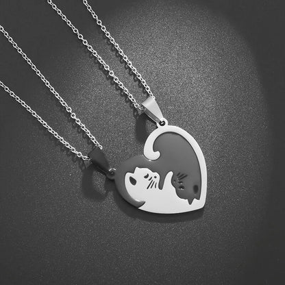 Stainless Steel Heart Shape Hug Pet Cat Pairing Exquisite Couple Necklace Fashion Men Women Jewelry Gift