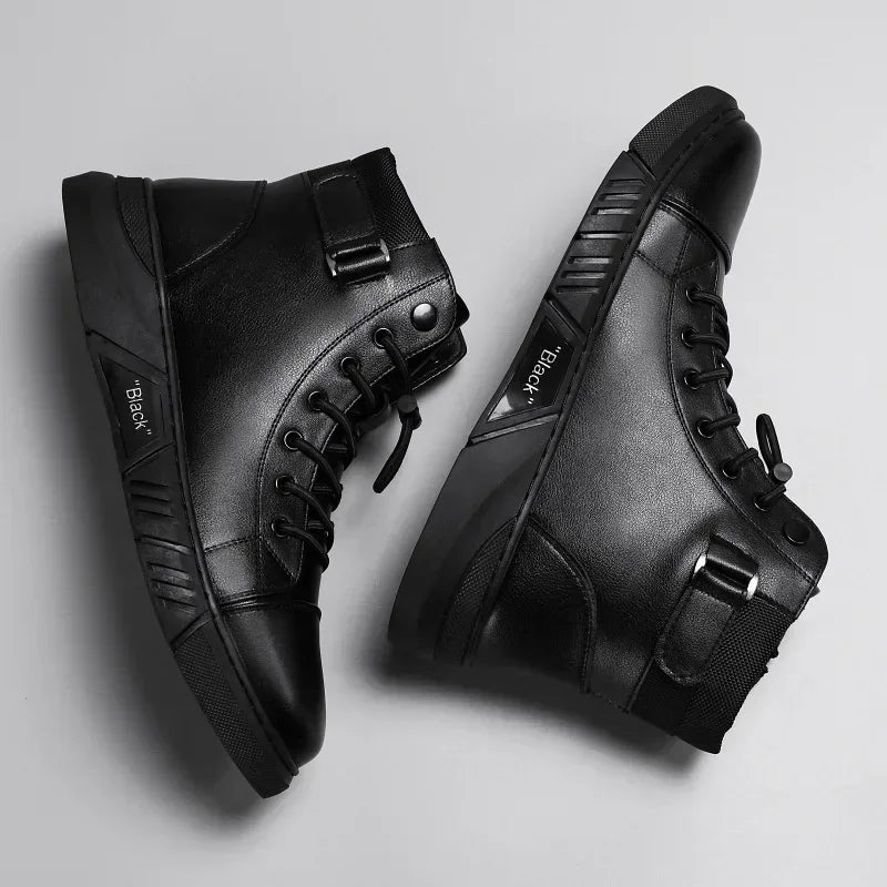 Men's Boots British Casual Platform Leather Boots for Men Black Motorcycle Boots Winter Comfortable Keep Warm Men Ankle Shoes